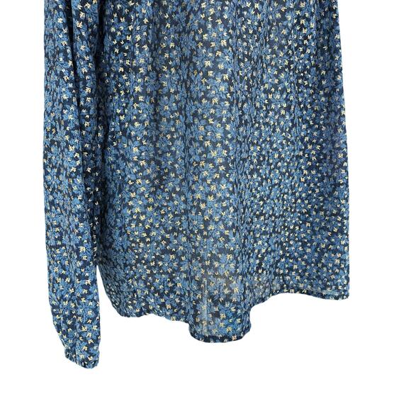 MICHAEL Michael Kors Blue Gold Leaf Smocked Sheer Popover Top Size M - Picture 3 of 7